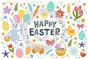 Colorful Easter greeting card with letterin flowers eggs rabbit elements composition. white background