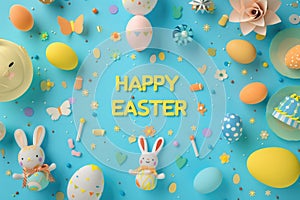 Colorful Easter holiday composition with bold 'Happy Easter' message on a lively blue background