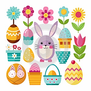Colorful Easter icons with bunnies, eggs, flowers, and baskets