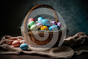 Colorful easter nest with easter eggs, generative ai