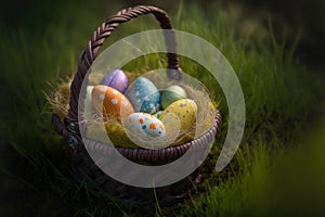 Colorful easter nest with easter eggs, generative ai