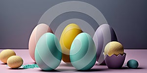 Colorful Easter painted eggs background minimal. Festive Easter horizontal banner