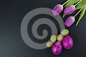 Colorful easter and quail eggs and tulip flowers on stone table. Top view with copy space