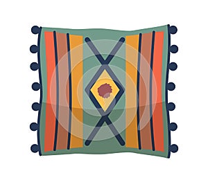 Colorful Eastern-style Decorative Pillow With Striped Design, Geometric Patterns, And Detailed Tassels. Square Cushion
