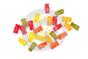 Colorful eat gummy bears jelly candy Isolated on white background. Top view. Flat lay