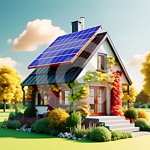 Colorful Eco House with Solar Panels: Concept of Renewable Energy