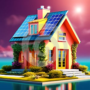 Colorful Eco House with Solar Panels: Concept of Renewable Energy