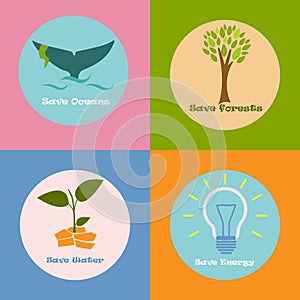 Colorful eco poster with different conceptions of saving water, energy, oceans and forests