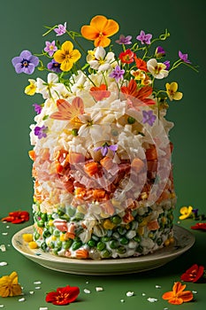 Colorful Edible Flowers and Vegetables Salad Cake on Green Background for Healthy Eating Concept