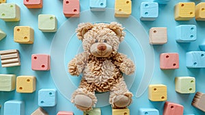 Colorful Educational Toy Frame with Teddy Bear for Kids - Top View Flat Lay on Light Blue Background