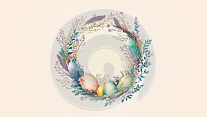 Colorful Egg Decorative Easter Wreath Against Cosmic Latte Background And Copy Space. Happy Easter Day Concept