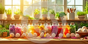 Colorful Egg Dyes and Eggs on Wooden Table. Preparations for Easter