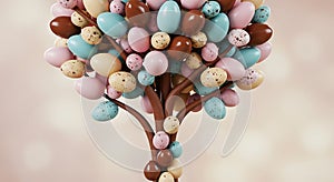 Colorful eggs are arranged on brown branches, forming a tree-like structure. The photo
