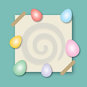 Colorful eggs with blank paper on green background. Holiday illustration for greeting card of Happy Easter’s Day