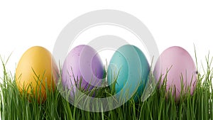 Colorful eggs easter nestled in grass on pristine white backdrop photo