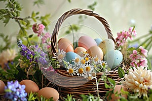 Colorful eggs in rustic basket with spring flowers, perfect background