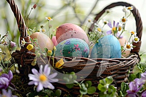 Colorful eggs in rustic basket with spring flowers, perfect background