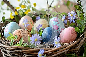 Colorful eggs in rustic basket with spring flowers, perfect background