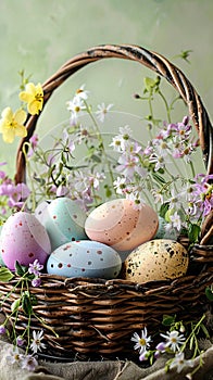 Colorful eggs in rustic basket with spring flowers, perfect background