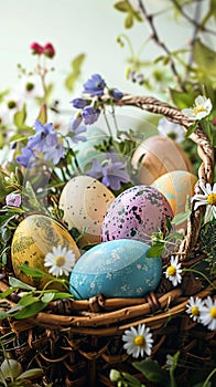 Colorful eggs in rustic basket with spring flowers, perfect background