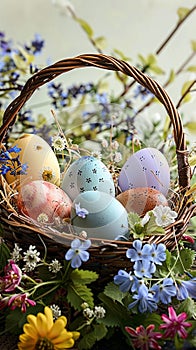 Colorful eggs in rustic basket with spring flowers, perfect background