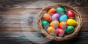Colorful eggs in a wicker basket AI-Created Content photo