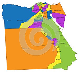 Colorful Egypt political map with clearly labeled, separated layers.