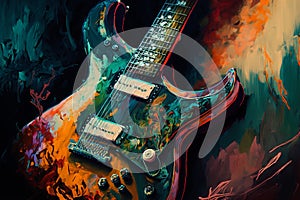 Colorful electric guitar abstract acryl painting.Generative ai