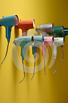 Colorful electric hair dryers hanging on a yellow wall in a studio