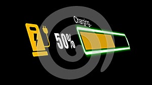 Colorful electric vehicle car charging battery indicating progress of the increasing with percentage show fill up to 100%