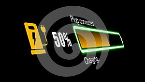 Colorful electric vehicle car charging battery indicating progress of the increasing with percentage show fill up to 100%