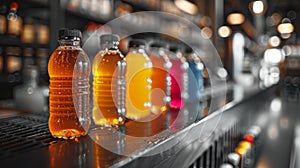 colorful electrolyte drinks in modern bottles arranged on a counter, featuring an attractive design for a refreshing photo