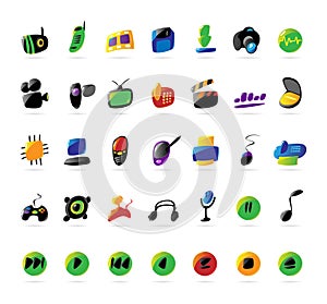 Colorful electronics, devices and music icons