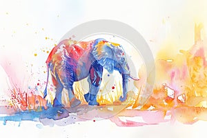 Colorful Elephant art. Watercolor illustration of elephant with a vibrant abstract background. Concept of bright design