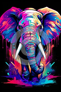 Colorful elephant with tusks and black background. Generative AI