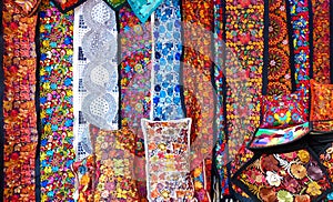 Colorful embroidered decorative textiles, Ecuador