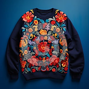 Colorful Embroidered Sweater With Flower Prints - Bold And Large-scale Design