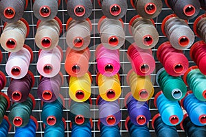 Colorful embroidery thread spool using in garment industry, row