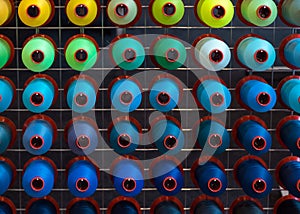 Colorful embroidery thread spool using in garment industry, row