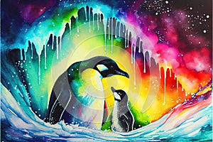 Colorful Emperor Penguin and baby chick South Pole watercolor