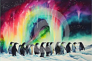 Colorful Emperor Penguin birds colony group on the march Penguins