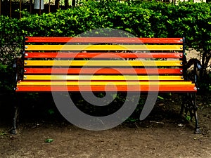 Colorful empty bench in garden