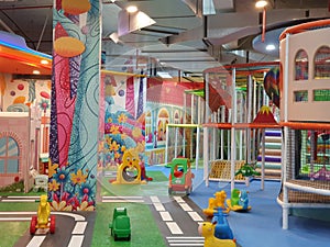 Colorful empty children indoor playground, toys playing arena