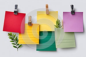 Colorful empty notes with clips and green leaves