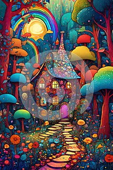 Colorful enchanted fairytale house in the forest