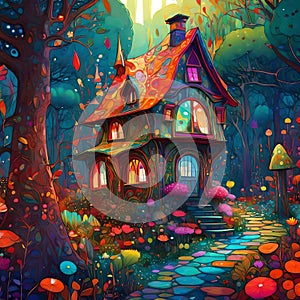 Colorful enchanted fairytale house in the forest