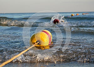 Colorful enclosing buoys on the sea