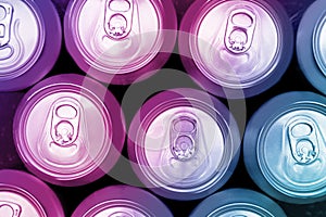 Colorful energy soda drinks cans overhead