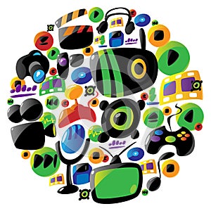 Colorful entertainment and music icons in circle