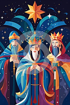 Colorful Epiphany Three Wise Men Christmas Biblical Three Kings Flat Style Illustration